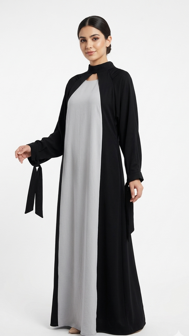 Elegant Two-Tone Black and White Abaya with Tie-Detail Sleeves and Mock Neck