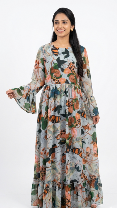 Long dress printed chiffon fabric