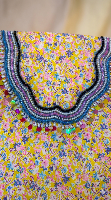 Heritage Embroidery: Vibrant Yellow Floral Kurta Fabric unstitching mukawar