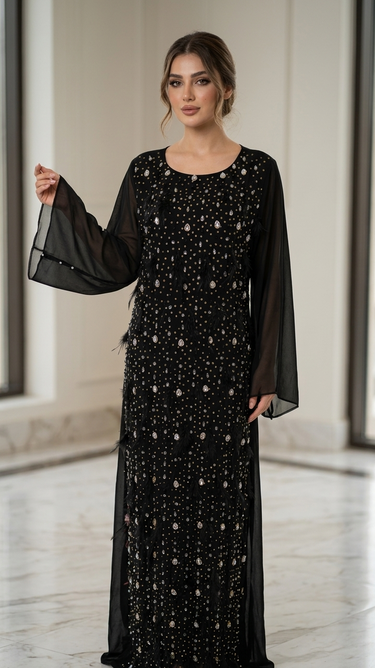 Luxurious Embellished Black Abaya with Feather Accents