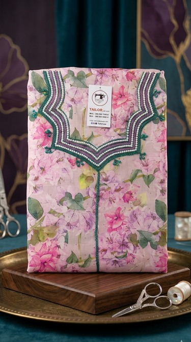 beautifully crafted Mukhawar, featuring a delicate floral print and intricate hand-finished detailing.