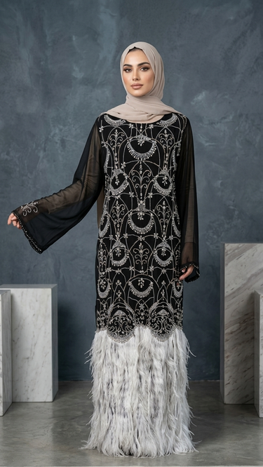 Opulent Crystal-Embellished Abaya with Feather Hemline