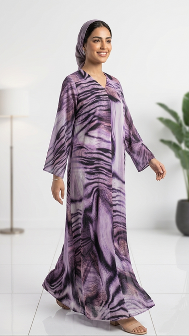 Woman wearing a long, patterned dress in a room with a plant and lamp.