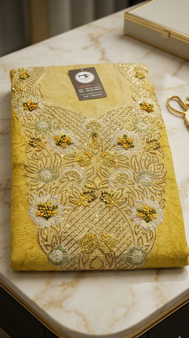 Exquisite Hand-Embellished Floral Mukawar – Sun-Kissed Yellow