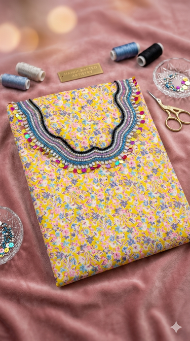 Heritage Embroidery: Vibrant Yellow Floral Kurta Fabric unstitching mukawar