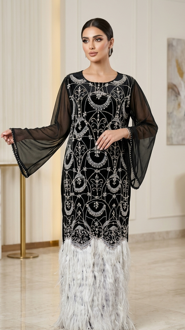 Opulent Crystal-Embellished Abaya with Feather Hemline