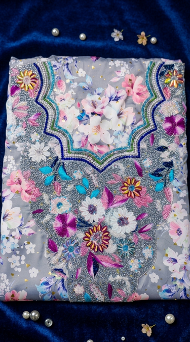 Botanical Radiance: Hand-Embellished Floral Mukhawar unstitch