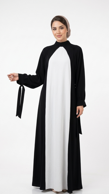 Elegant Two-Tone Black and White Abaya with Tie-Detail Sleeves and Mock Neck