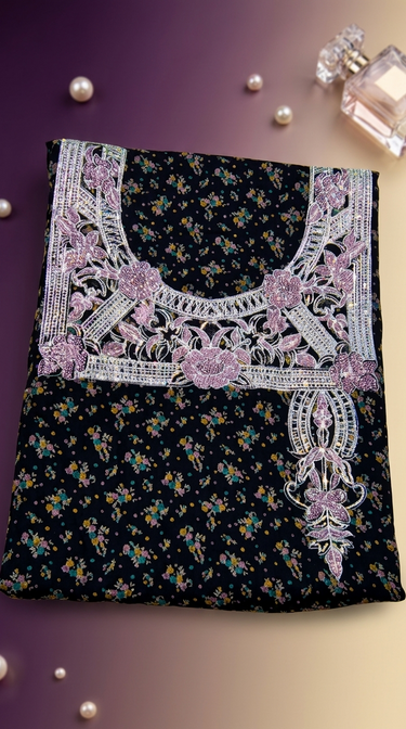 sophisticated boutique-style Mukhawar, featuring an elegant contrast between a dark, ditsy floral base and luminous, high-contrast embroidery.
