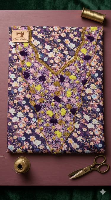 Heritage Embroidery: Royal Purple Floral Hand-Embellished  cotton Fabric unsthing mukawar