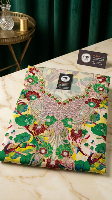 Decorative pillow with floral and peacock design on a marble surface