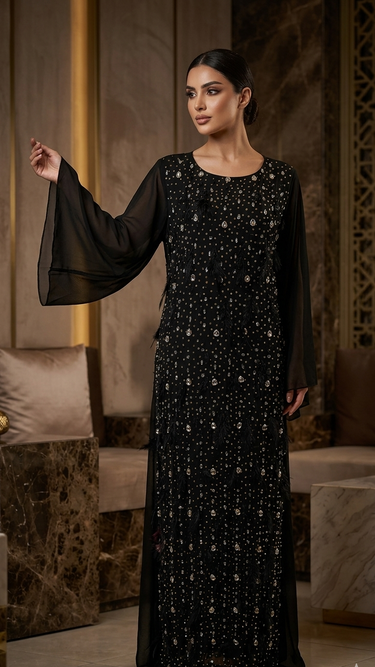 Luxurious Embellished Black Abaya with Feather Accents
