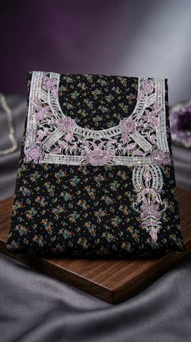 sophisticated boutique-style Mukhawar, featuring an elegant contrast between a dark, ditsy floral base and luminous, high-contrast embroidery.
