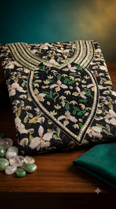 Exquisite Floral Embroidered  Unstitche mukawar Barbie creep fabric
