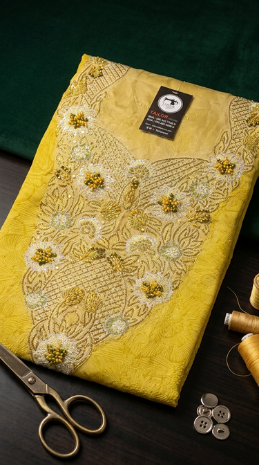 Exquisite Hand-Embellished Floral Mukawar – Sun-Kissed Yellow