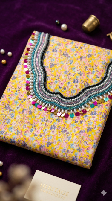 Heritage Embroidery: Vibrant Yellow Floral Kurta Fabric unstitching mukawar