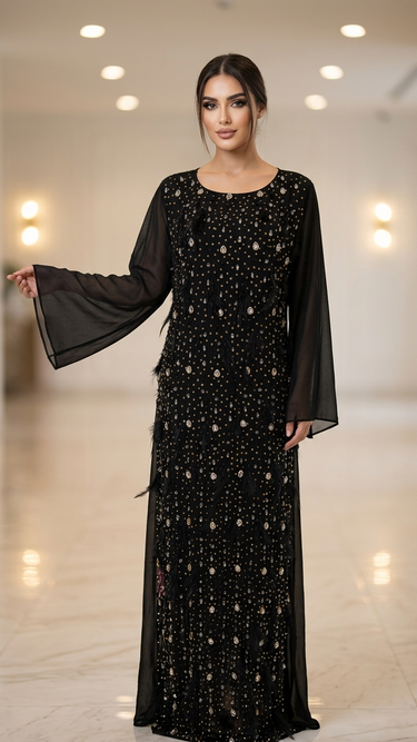 Luxurious Embellished Black Abaya with Feather Accents