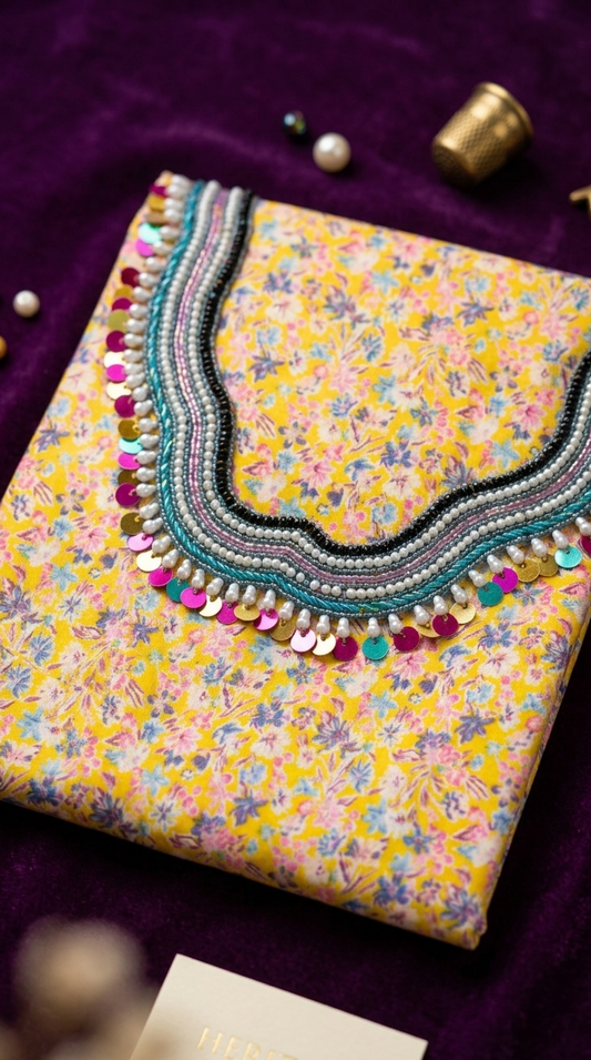 Heritage Embroidery: Vibrant Yellow Floral Kurta Fabric unstitching mukawar