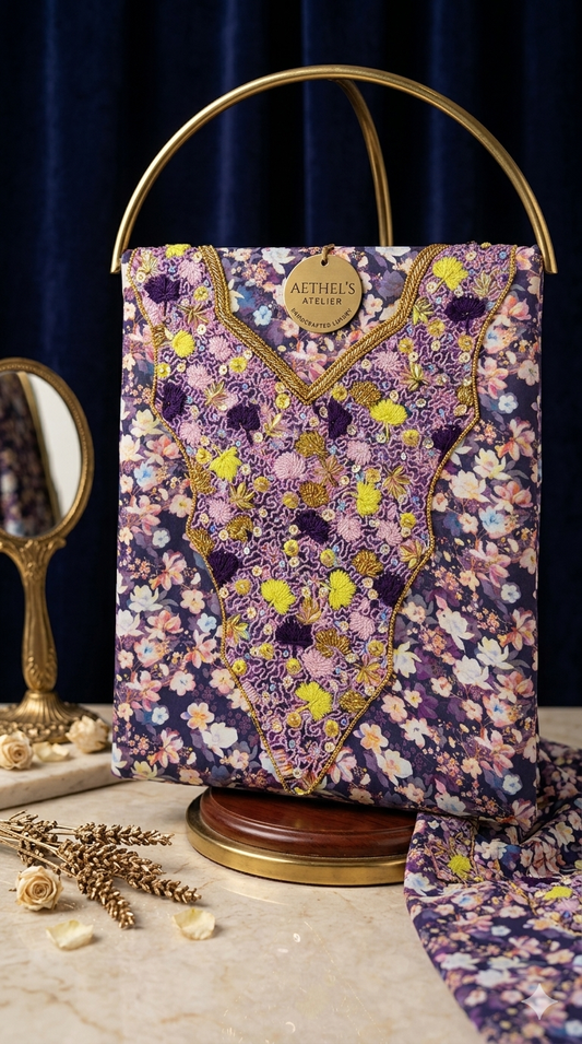 Heritage Embroidery: Royal Purple Floral Hand-Embellished  cotton Fabric unsthing mukawar