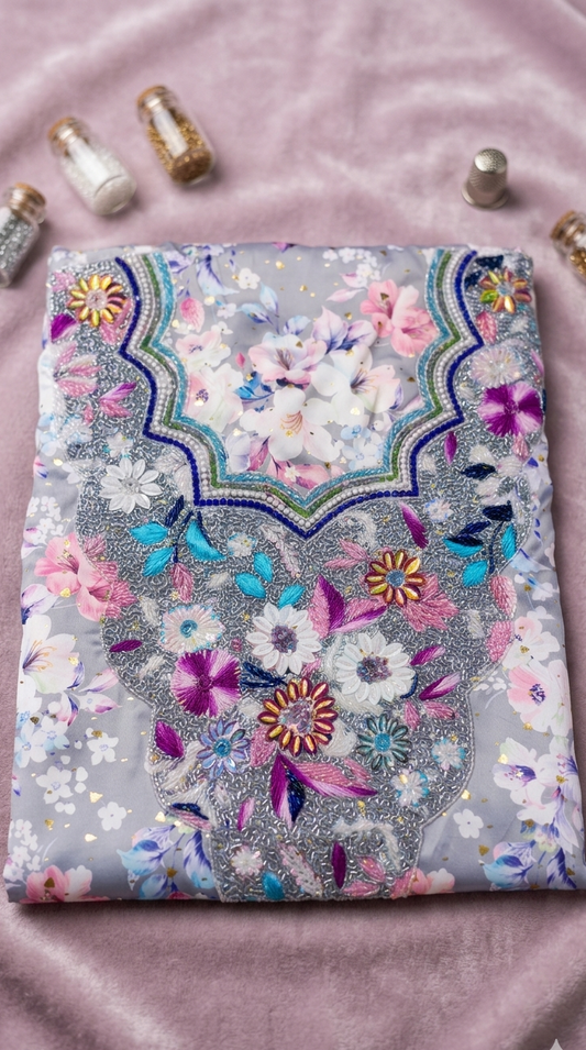 Botanical Radiance: Hand-Embellished Floral Mukhawar unstitch