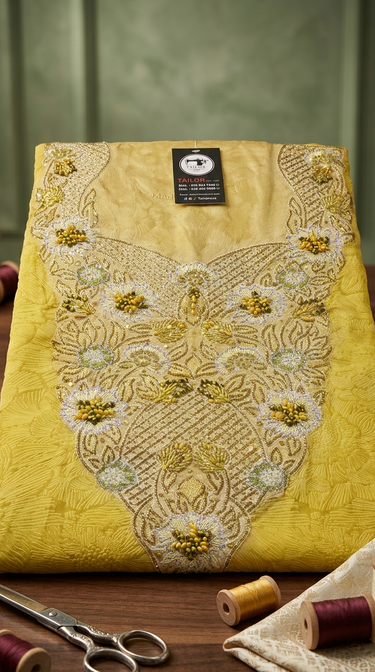 Exquisite Hand-Embellished Floral Mukawar – Sun-Kissed Yellow