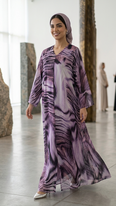 Luxurious Purple Abstract Print Kaftan Abaya with V-Neckline