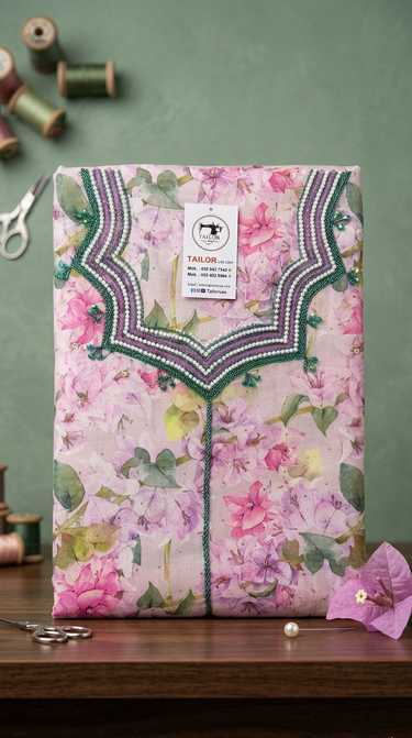 Pink Floral Mukawar Fabric Collection - Intricate Beadwork Design