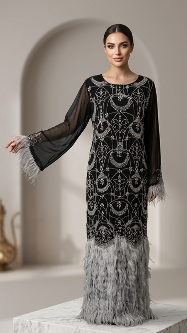 Opulent Crystal-Embellished Abaya with Feather Hemline