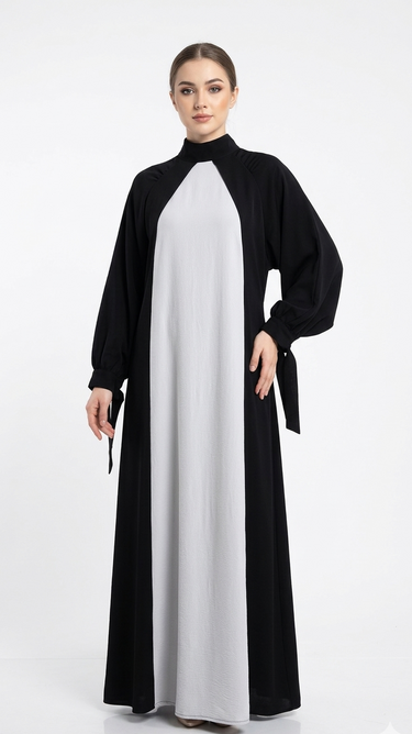 Elegant Two-Tone Black and White Abaya with Tie-Detail Sleeves and Mock Neck