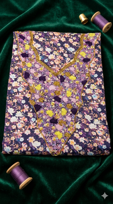 Heritage Embroidery: Royal Purple Floral Hand-Embellished  cotton Fabric unsthing mukawar
