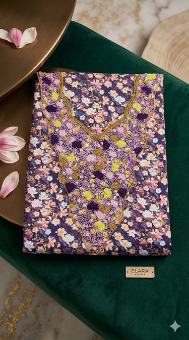 Heritage Embroidery: Royal Purple Floral Hand-Embellished  cotton Fabric unsthing mukawar