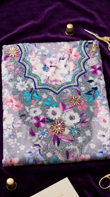 Botanical Radiance: Hand-Embellished Floral Mukhawar unstitch